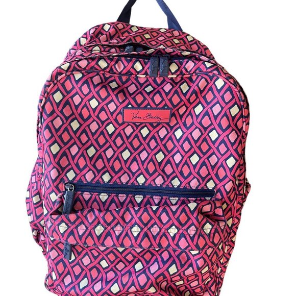 Retired Large Vera Bradley Canvas Backpack Pink Navy Blue 4 Pockets H2O … - Picture 1 of 16